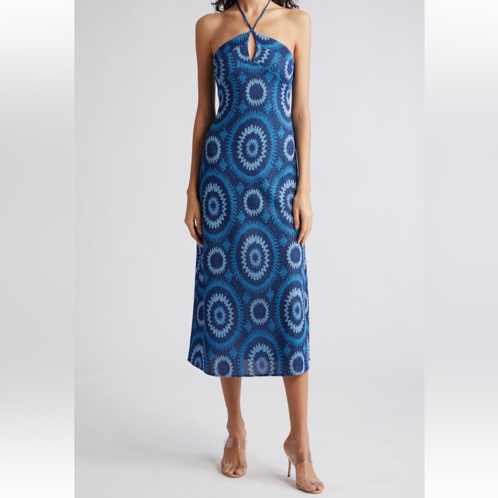 Ramy Brook Blue Patterned Halter Midi Dress